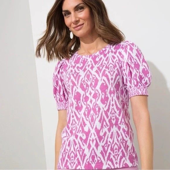 Chico's Tops - Chicos Ikat‎ Puff Sleeve Slub Tee Size 1 Medium Purple Pink Resort Boho Vacation